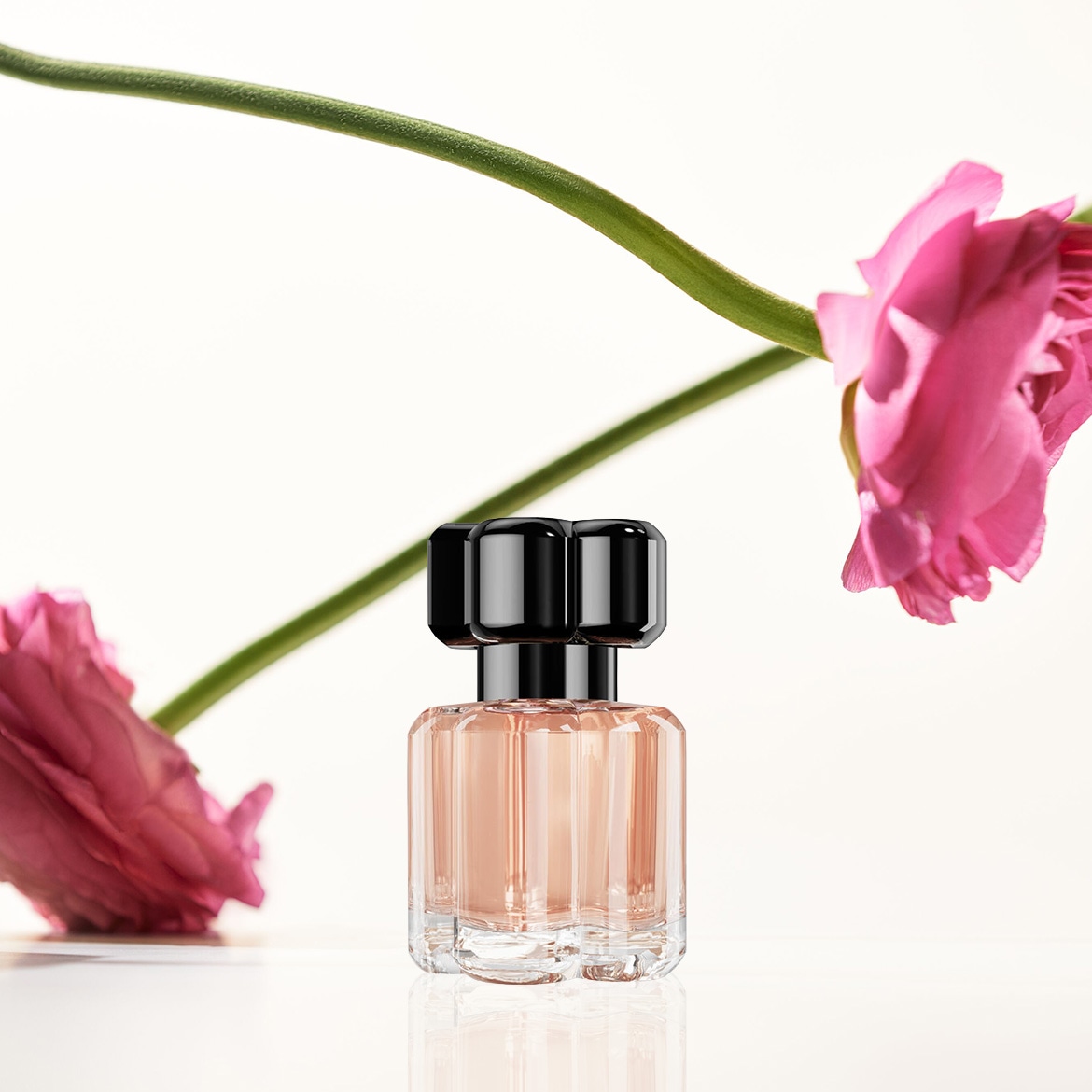 Ein eleganter Parfümflakon mit gerilltem Glas und schwarzem Verschluss steht zwischen zwei rosa Blüten auf einem weißen Hintergrund.