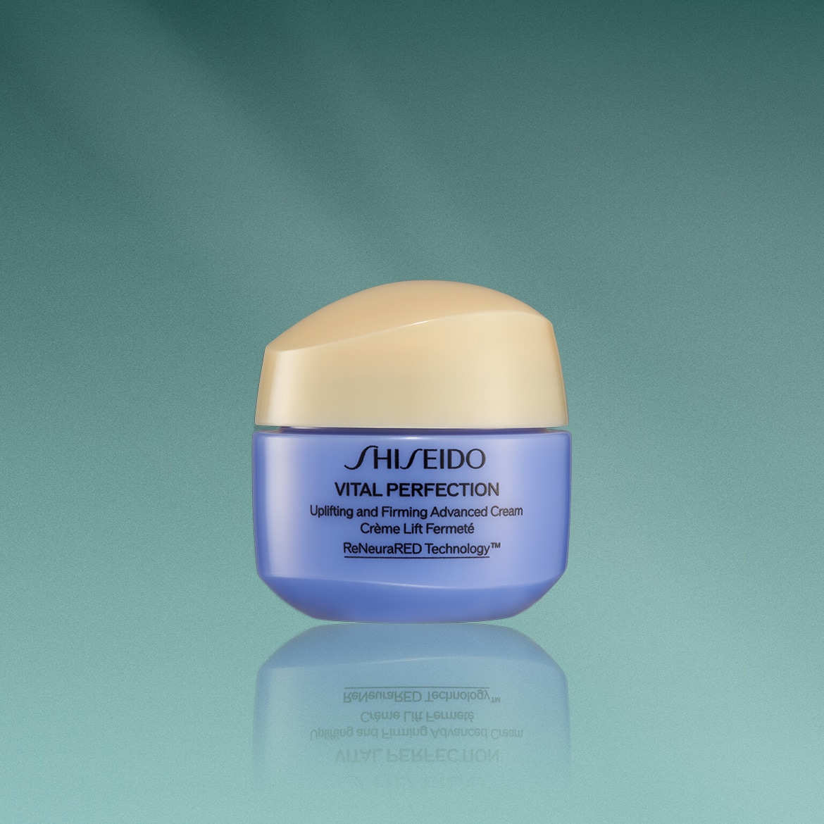 See Shiseido's Vital Perfection cream in a blue jar with a light yellow lid, designed to uplift and firm skin with ReNeuraRED Technology.