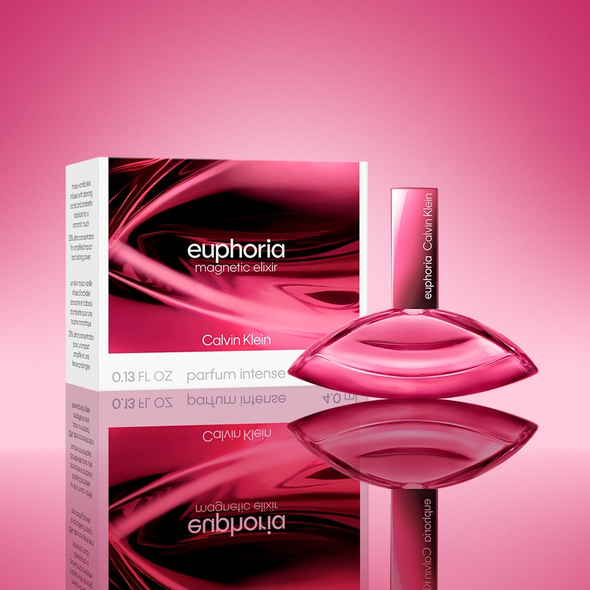 Experience Calvin Klein's Euphoria Magnetic Elixir, a parfum intense with a musky vanilla scent infused with orchid and amber, presented in a glossy pink bottle and packaging.