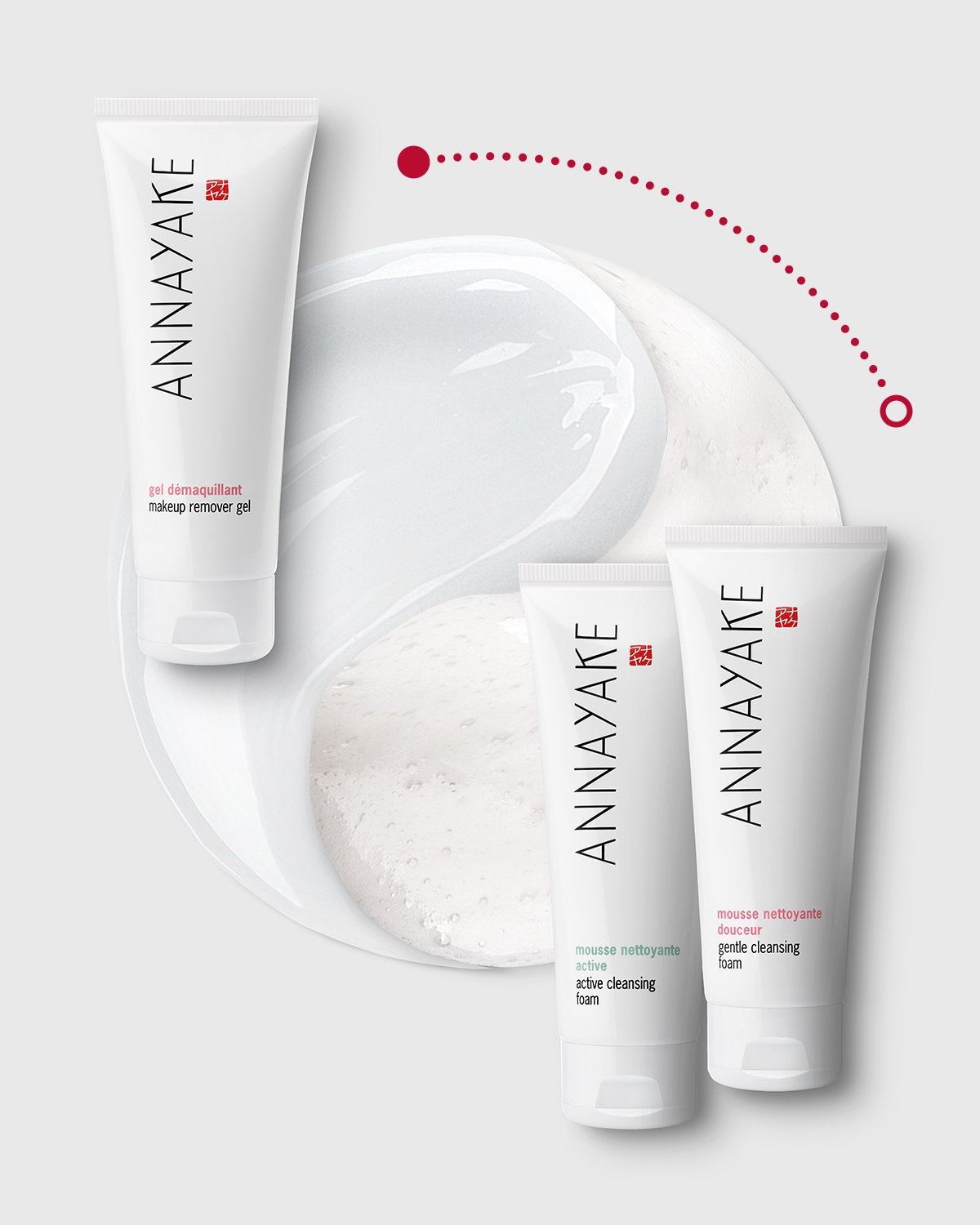 Entdecken Sie das Reinigungsgel von ANNAYAKE und die aktiven, sanften Reinigungsschäume, die in eleganten weißen Tuben angeboten werden und für eine reine und frische Haut sorgen.