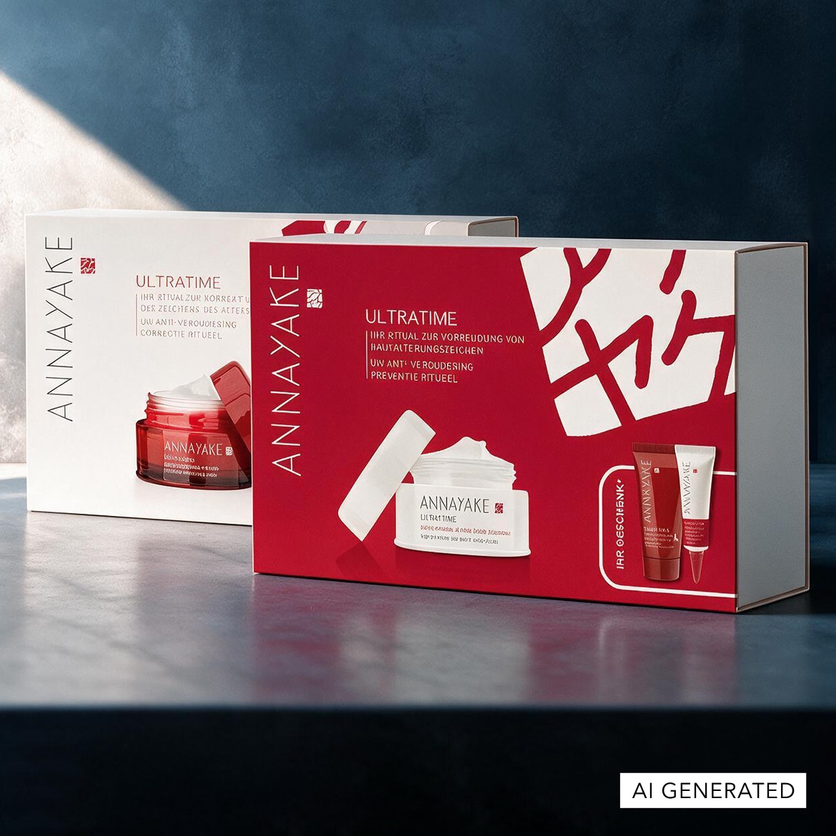 Zwei Annayake ULTRATIME Geschenksets, eines in Weiß und eines in Rot, stehen nebeneinander und präsentieren Anti-Aging-Hautpflegerituale.