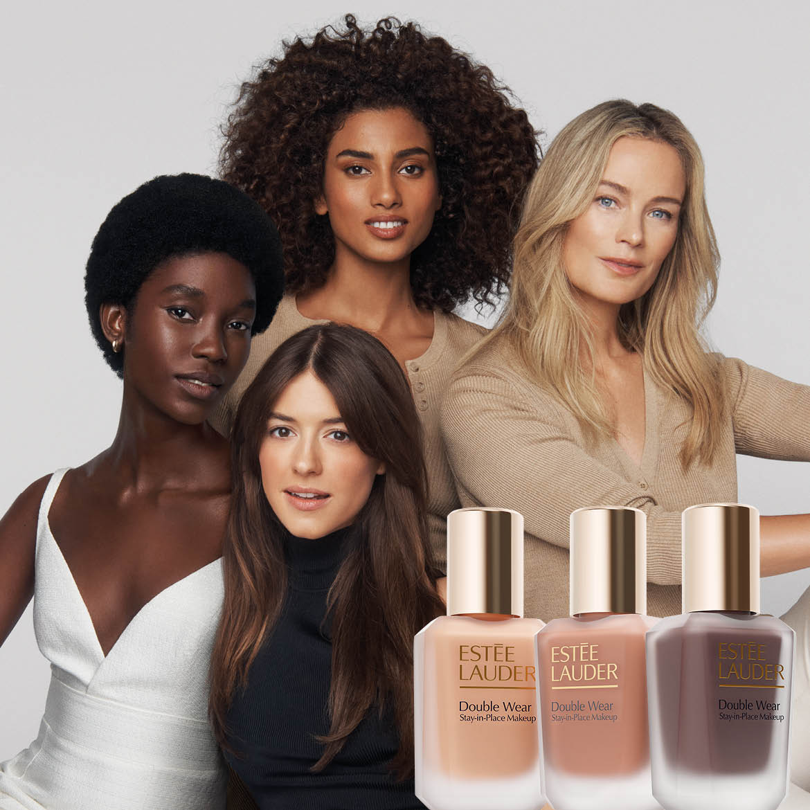 Entdecke Estée Lauder Double Wear Stay-in-Place Makeup, erhältlich in verschiedenen Farbtönen, präsentiert von Models mit unterschiedlichen Hauttönen.