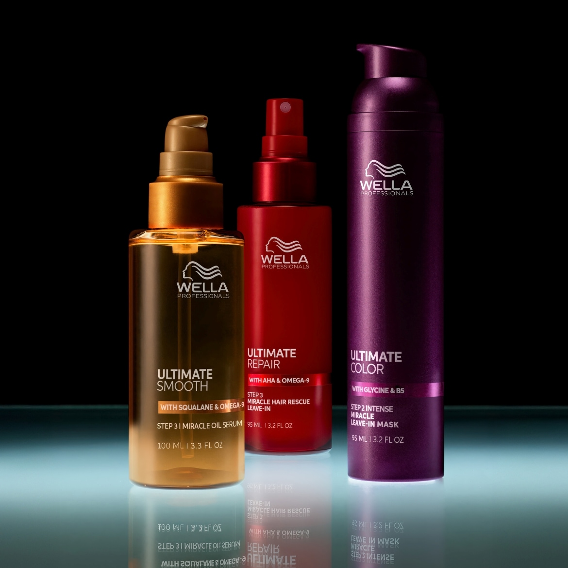 Drei Wella Professionals Haarpflegeprodukte: Ultimate Smooth Öl, Ultimate Repair Spray und Ultimate Color Maske, die ultimative Pflege für glattes, repariertes und farbintensives Haar versprechen.