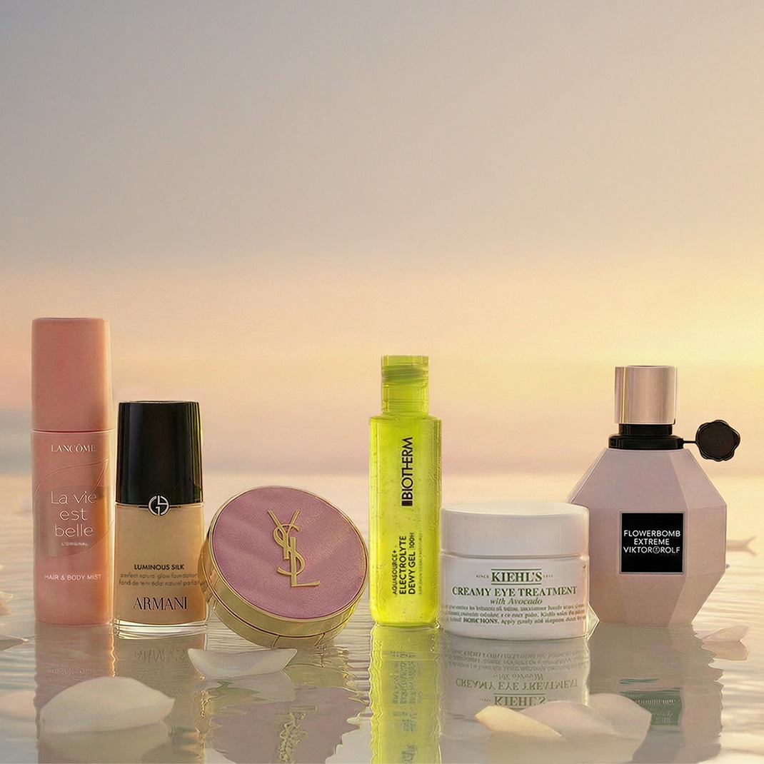 Entdecken Sie eine Auswahl an Schönheitsprodukten, darunter Lancôme La Vie Est Belle Haar- und Körperspray, Armani Luminous Silk Foundation und Biotherm Aquasource Dewy Gel.