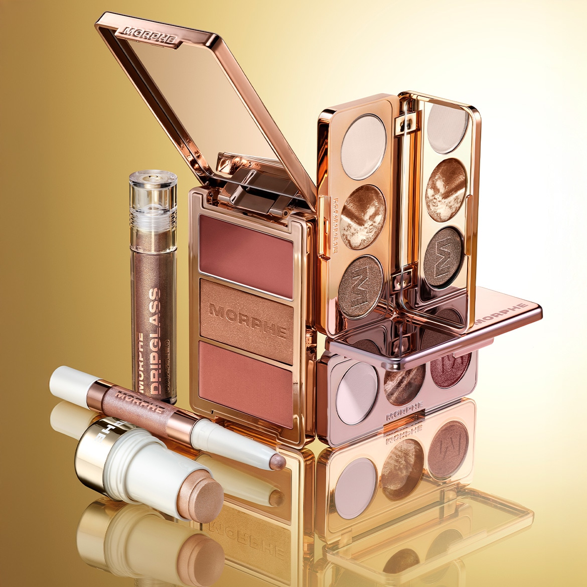 Entdecke Morphe-Make-up: schimmernder Drip Glass Lipgloss, Rouge-Palette mit Spiegel und Highlighter-Stick für einen strahlenden Look.