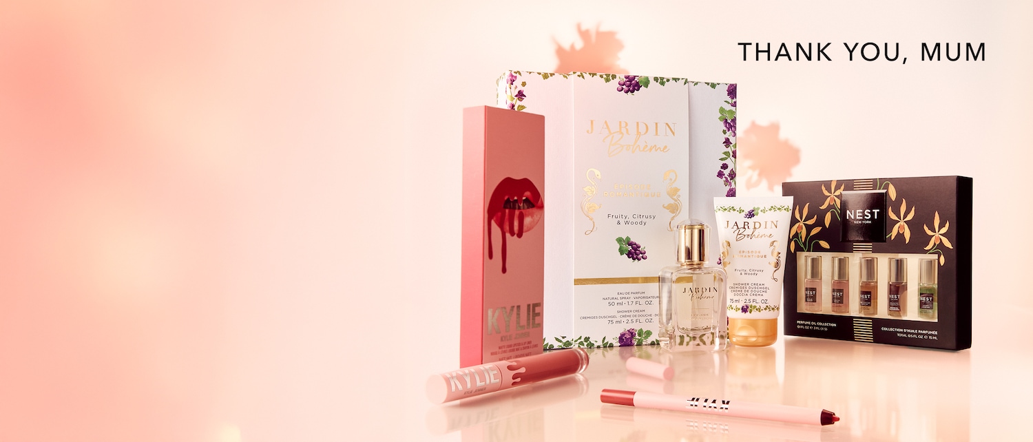 A collection of beauty products including Kylie Cosmetics and Jardin Bohème, with the promotional text 'Thank You, Mum'.