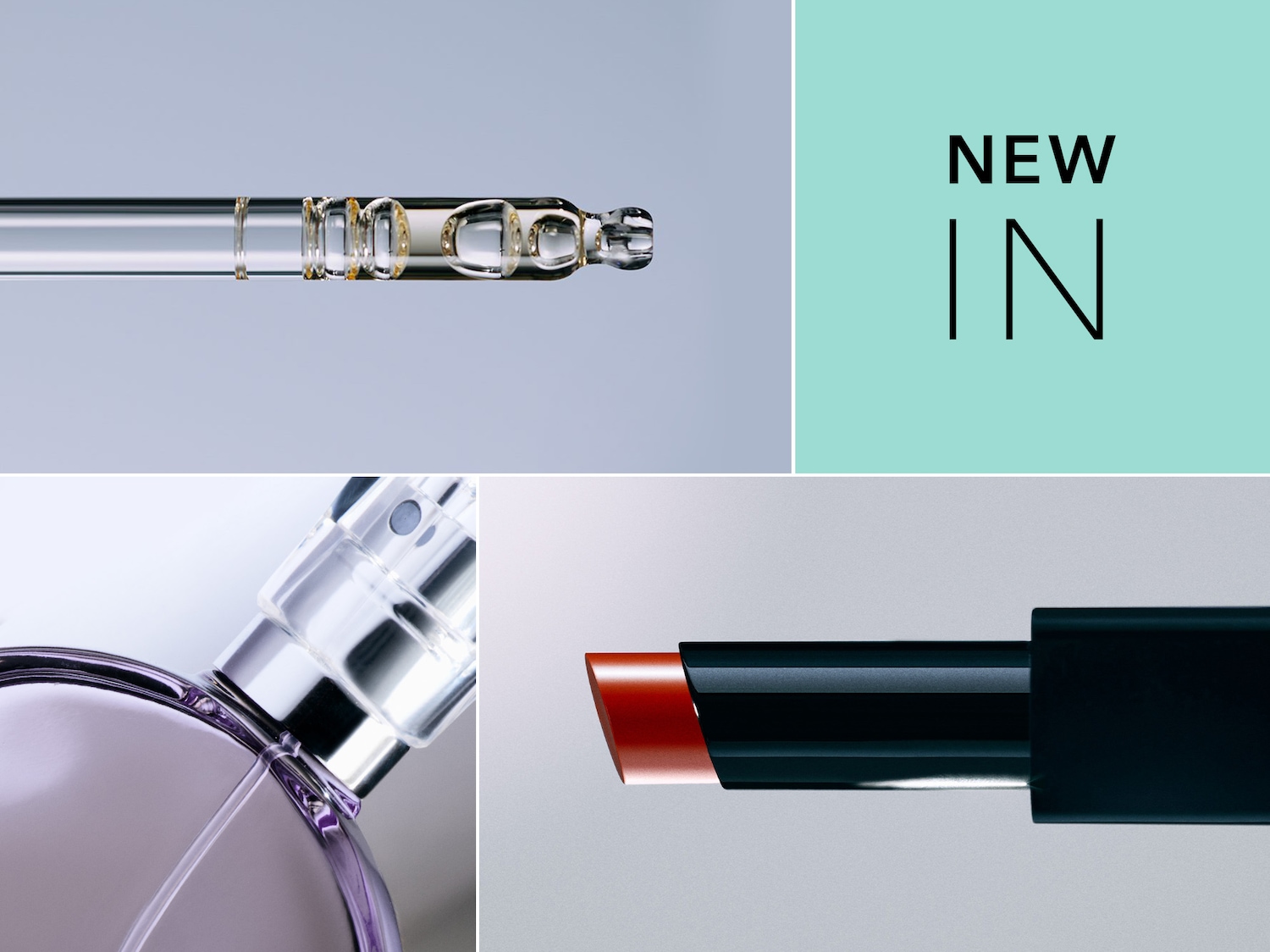 Entdecke die neuesten Beauty-Highlights: Ein Serum mit Pipette, ein zarter Flakon und ein Lippenstift in einem tiefen Rot.