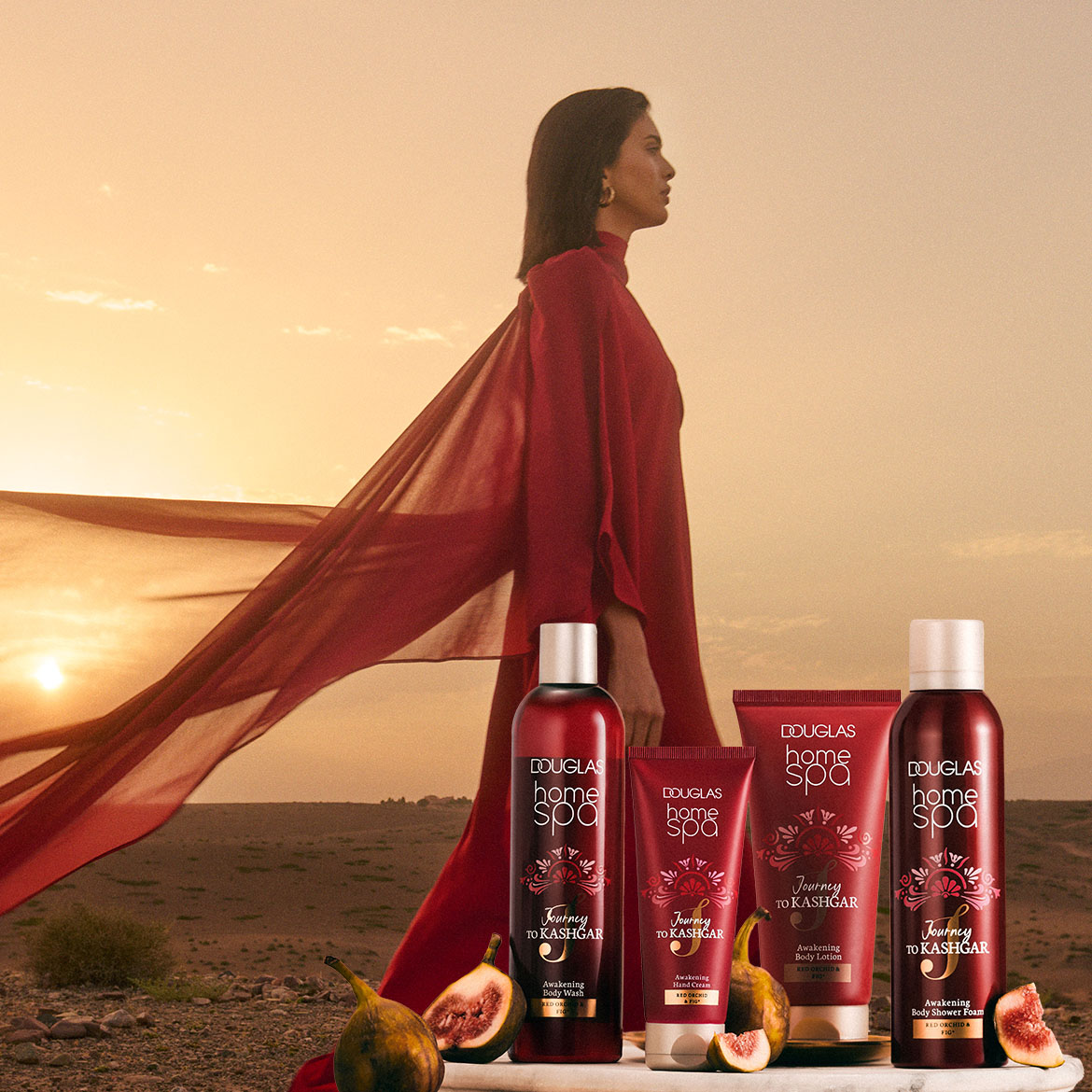Entdecken Sie Douglas Home Spa 'Journey to Kashgar' mit roter Orchidee und Feige: Awakening Body Wash, Handcreme, Bodylotion und Duschschaum für ein sinnliches Erlebnis.