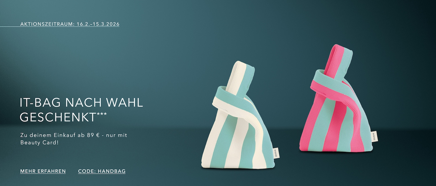 Entdecke die gestreifte IT-Bag von Douglas in Weiß-Türkis und Pink-Türkis, erhältlich vom 16.2. bis 15.3.2026.