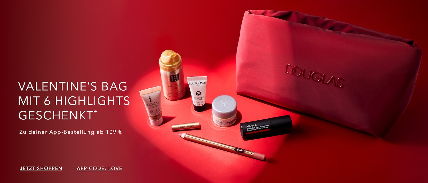 Discover the Valentine's Bag with 6 highlights as a gift with your app order from 109 €; it includes brands like Douglas, Shiseido, Lancome, Rituals and Charlotte Tilbury. Shop now with App-Code: LOVE.