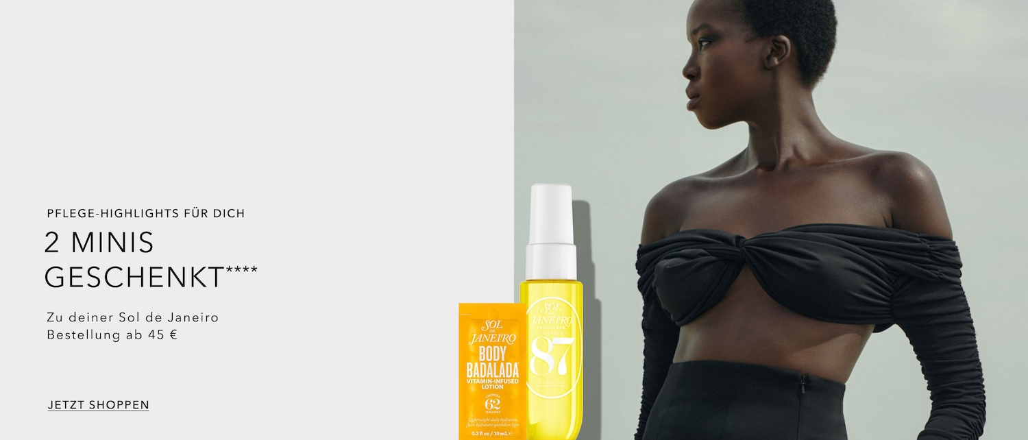 Entdecke Pflege-Highlights: Erhalte 2 Minis geschenkt zu deiner Sol de Janeiro Bestellung ab 45 €; im Bild sind die Produkte Body Mist 87 und Body Badalada Lotion zu sehen.