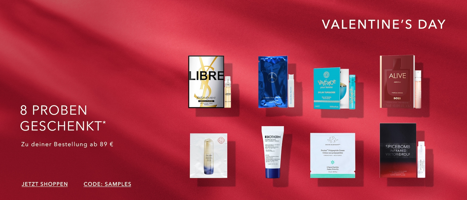 Entdecke eine Vielzahl von Duftproben für Sie und Ihn zum Valentinstag, darunter YSL Libre, Versace Dylan Turquoise und Boss Alive Absolu.