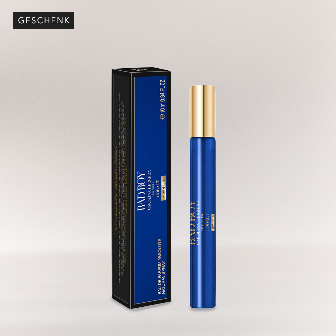 Bad Boy Carolina Herrera Cobalt Absolu in a blue spray, with a golden cap, next to its black and blue box, a gift for him.