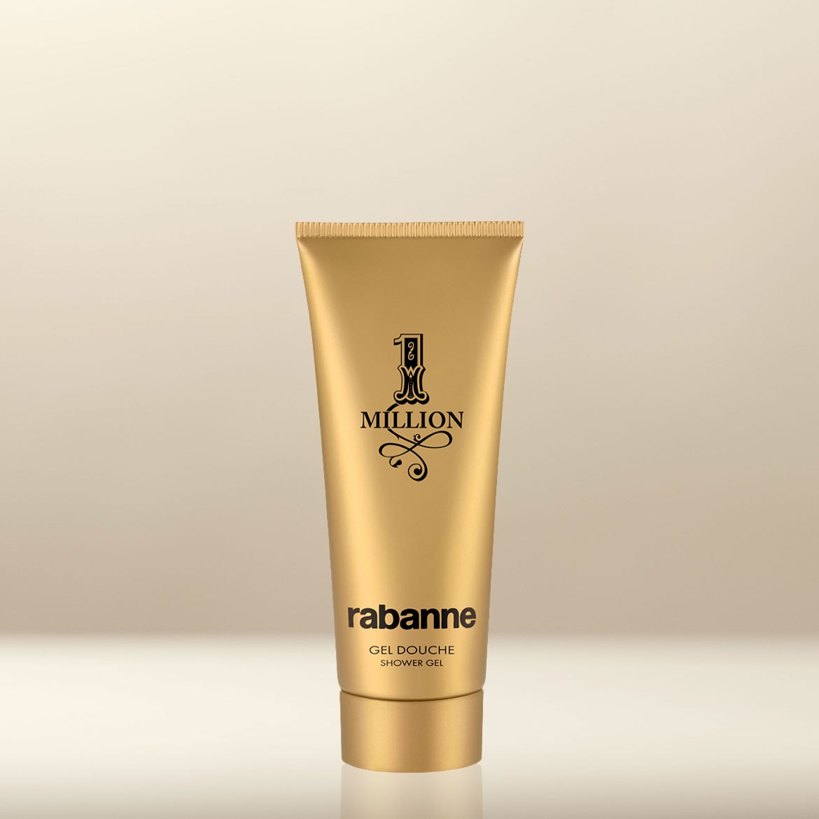 Goldene Tube Rabanne 1 Million Duschgel mit dem schwarzen '1 Million'-Logo und dem 'rabanne'-Schriftzug.