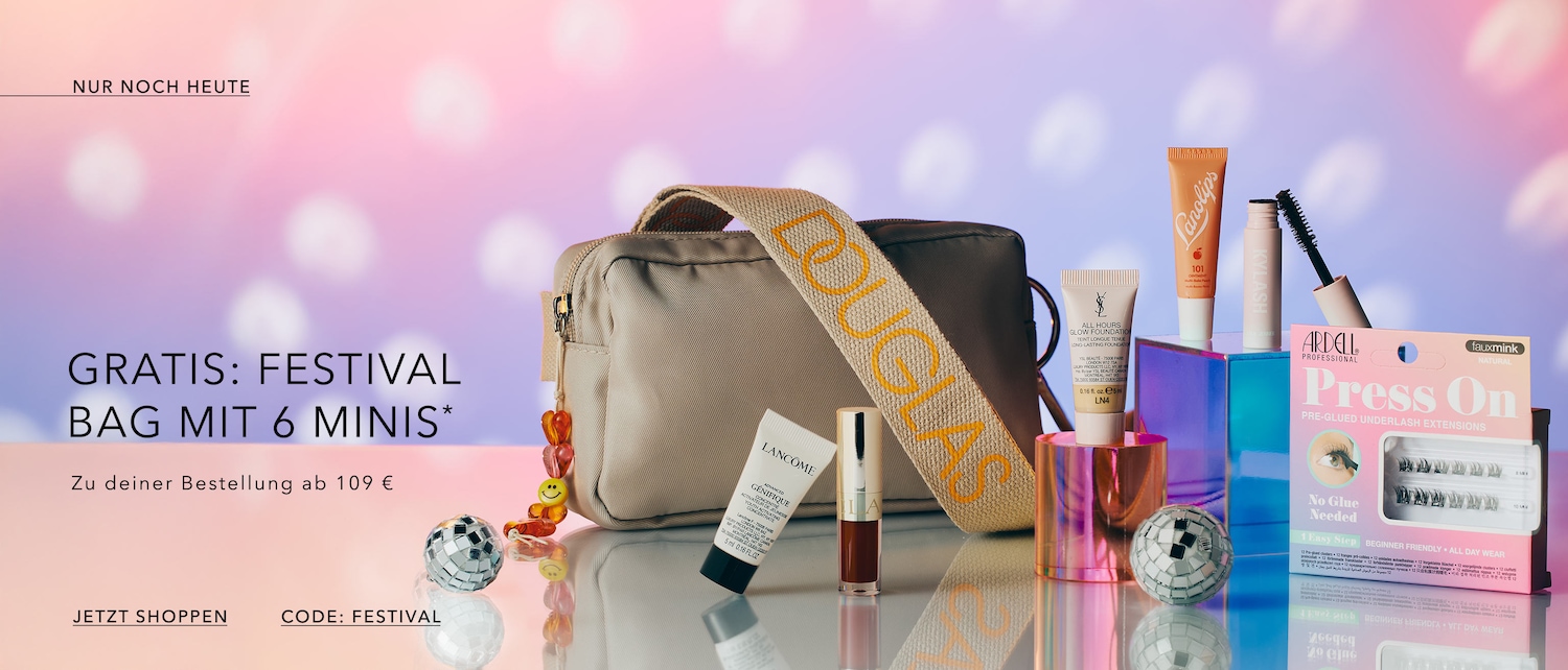 Entdecke eine Vielzahl von Beauty-Produkten, darunter eine Festival-Tasche mit sechs Minis, Lancôme Génifique, Lanolips, YSL All Hours Glow Foundation, Ardell Press On Wimpern und Kylash Mascara.