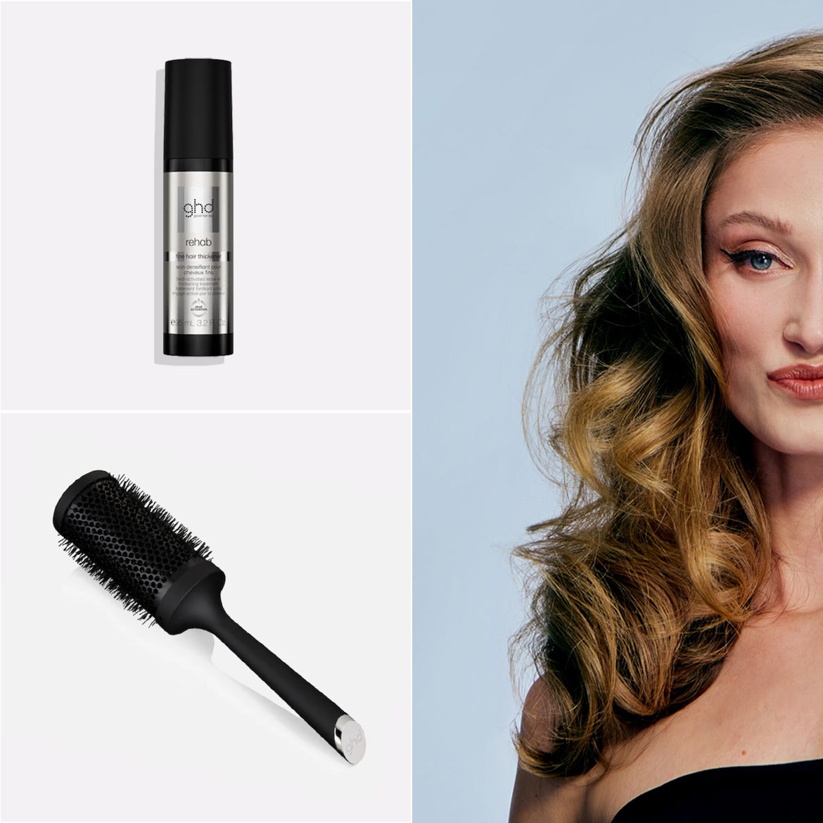 Ghd Rehab Thickening Elixir in schlanker, silberfarbener Flasche, eine schwarze Bürste und eine Frau mit gewelltem Haar.