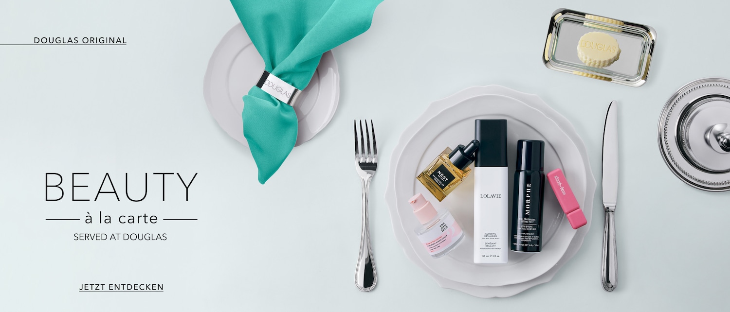 Beauty à la carte served at Douglas, featuring Nest Madagascar Vanilla perfume, One.Two.Free Hyaluronic Power Serum, Lolavie Glossing Detangler, and Morphe Mini Continuous Setting Mist; jetzt entdecken.