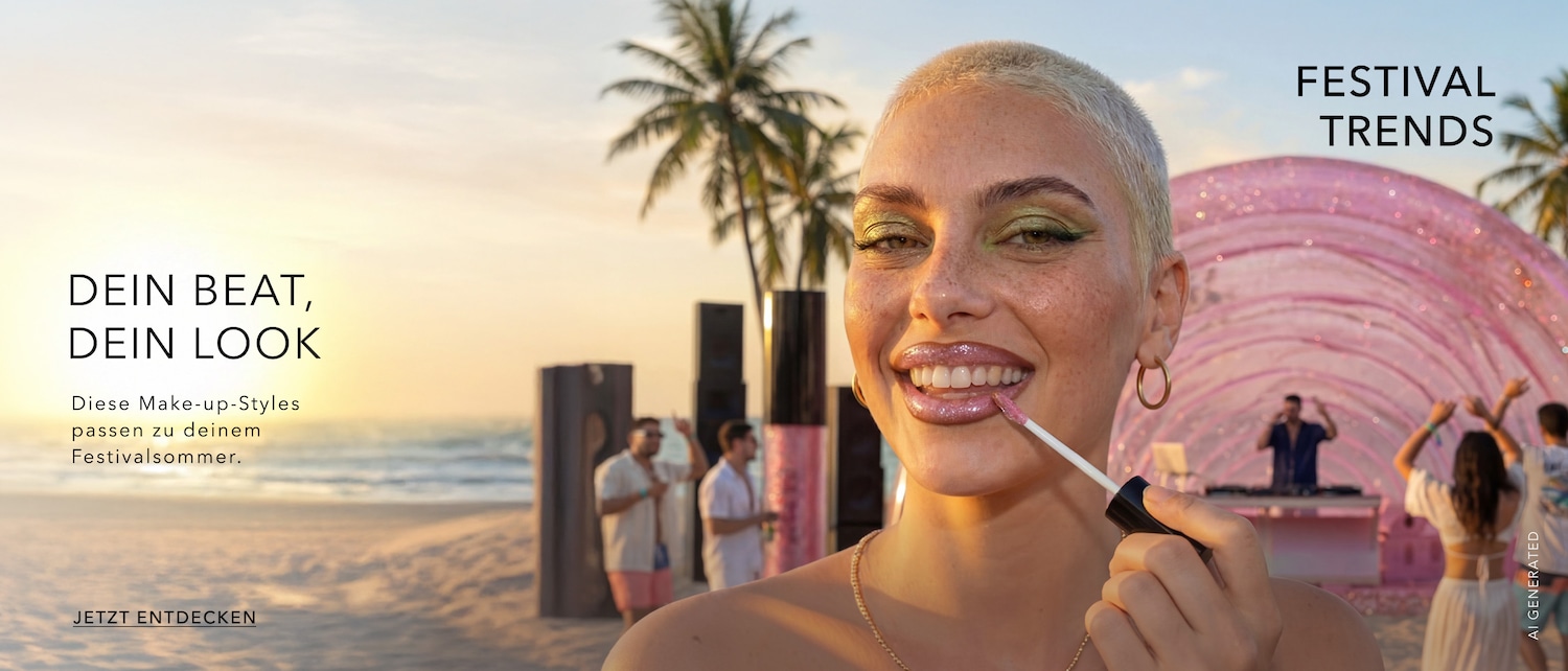 Festival Trends: A woman with short hair applies shimmering pink lip gloss, set against a beach backdrop with palm trees and a pink festival stage.
