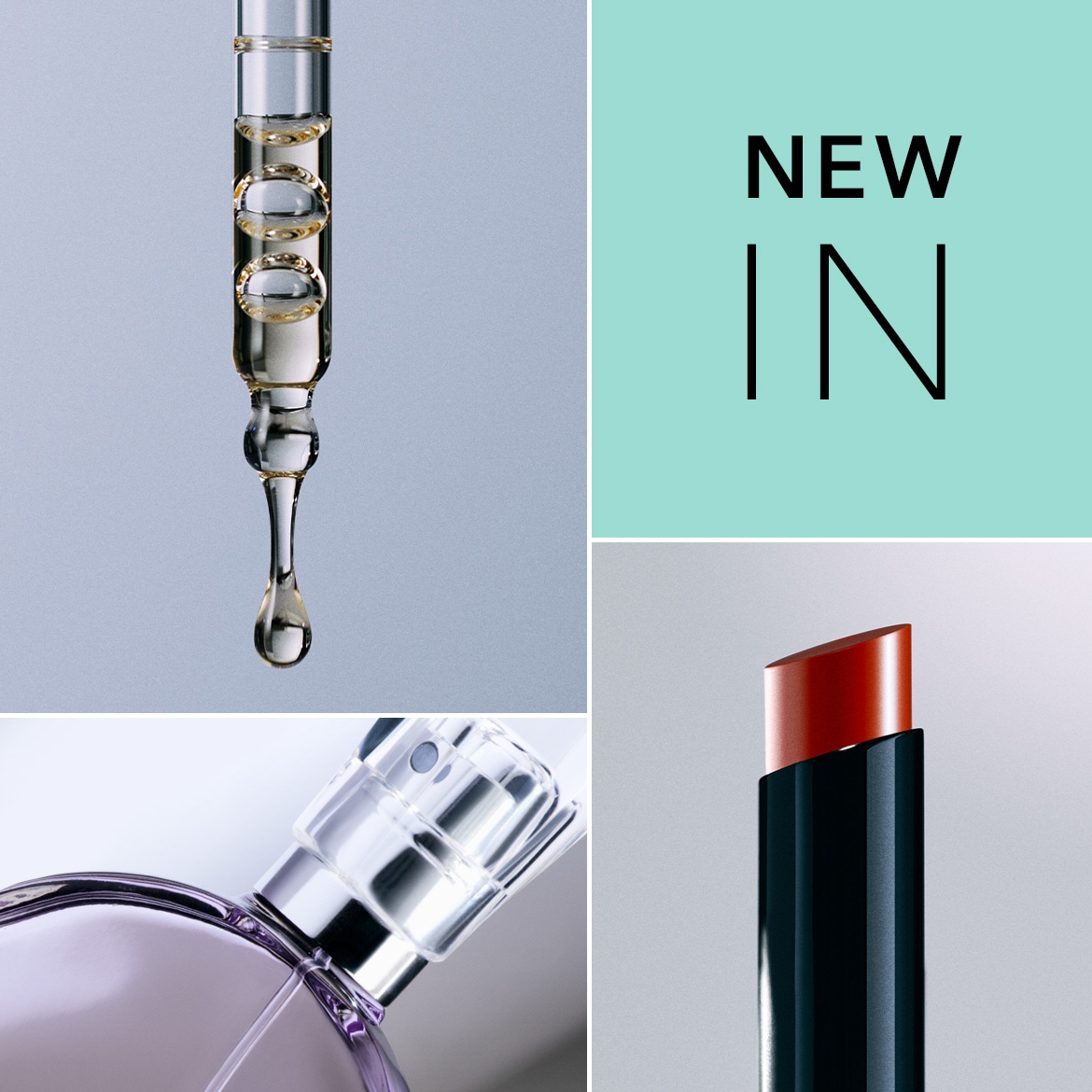 Entdecke die neuesten Beauty-Highlights: Serumtropfen, zarter Fliederduft und ein Lippenstift in warmem Rot.