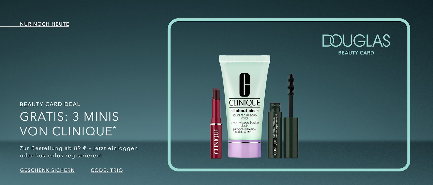 Douglas Beauty Card Deal: Hol dir 3 Mini-Produkte von Clinique gratis zu deiner Bestellung ab 89 €! Jetzt einloggen oder kostenlos registrieren und Geschenk mit dem Code TRIO sichern!