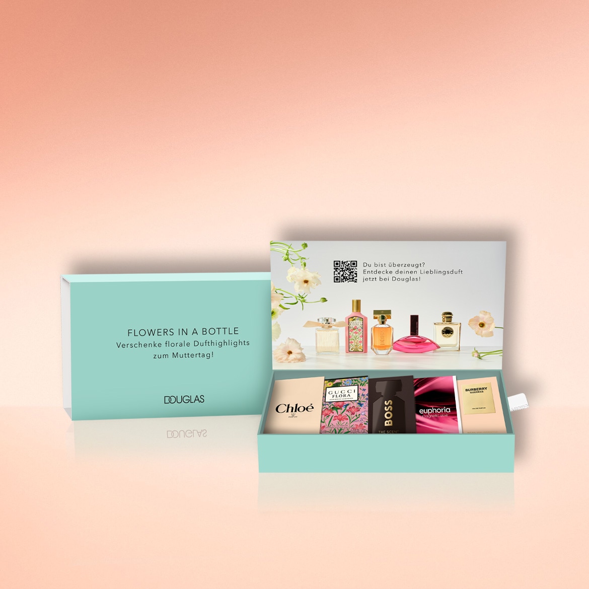 Discover floral fragrance highlights for Mother's Day with this turquoise gift box from Douglas, featuring perfumes like Chloé, Gucci Flora, and Burberry.