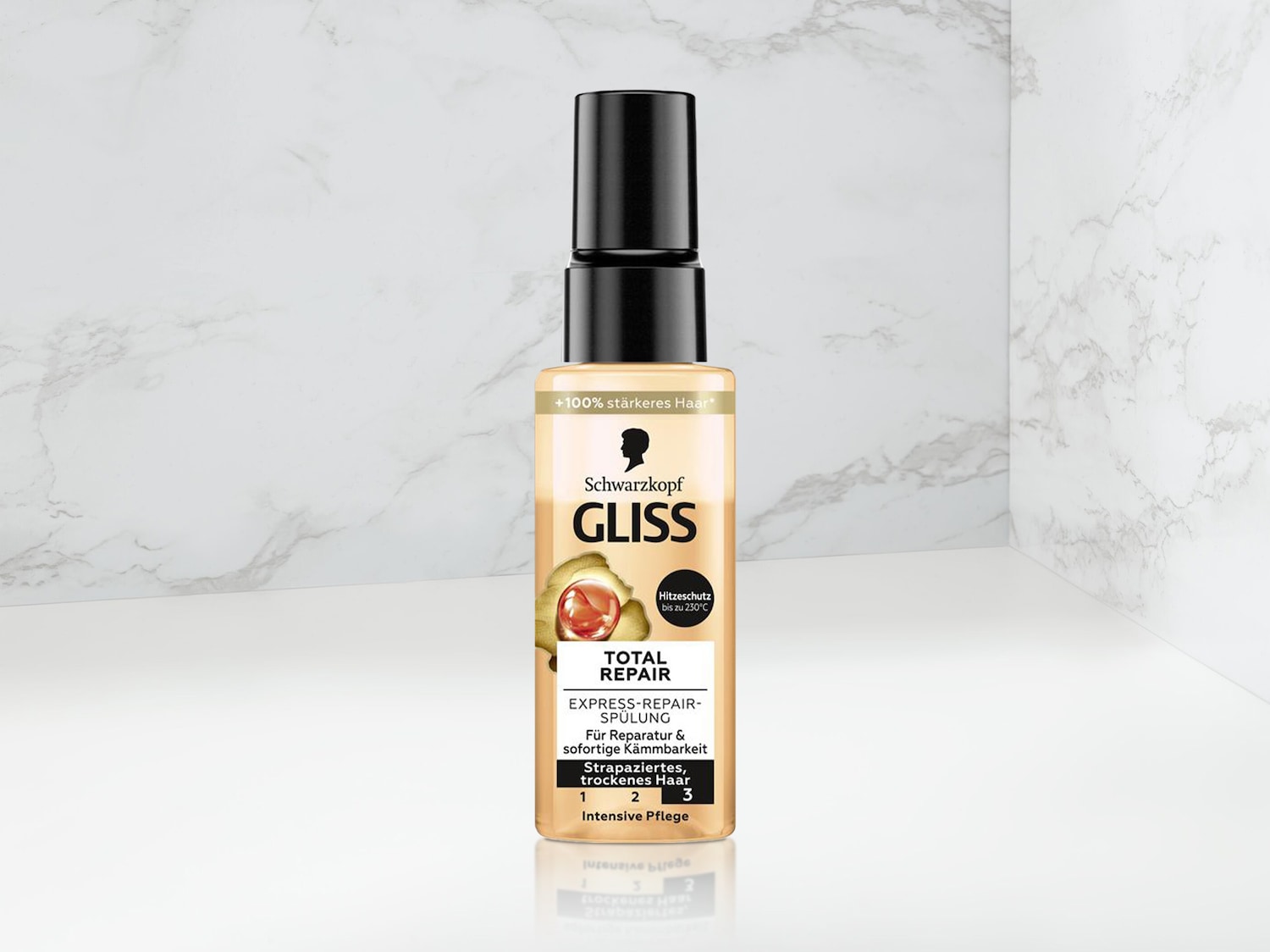 Gliss Total Repair Express Repair Rinse for stressed, dry hair with heat protection up to 230°C for repair and instant combability, for 100% stronger hair.