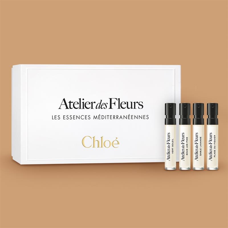 Coffret Atelier des Fleurs de Chloé, contenant des essences méditerranéennes comme Vert Soleil, Sous les Pins, Sable Lavande et Plage du Figuier.