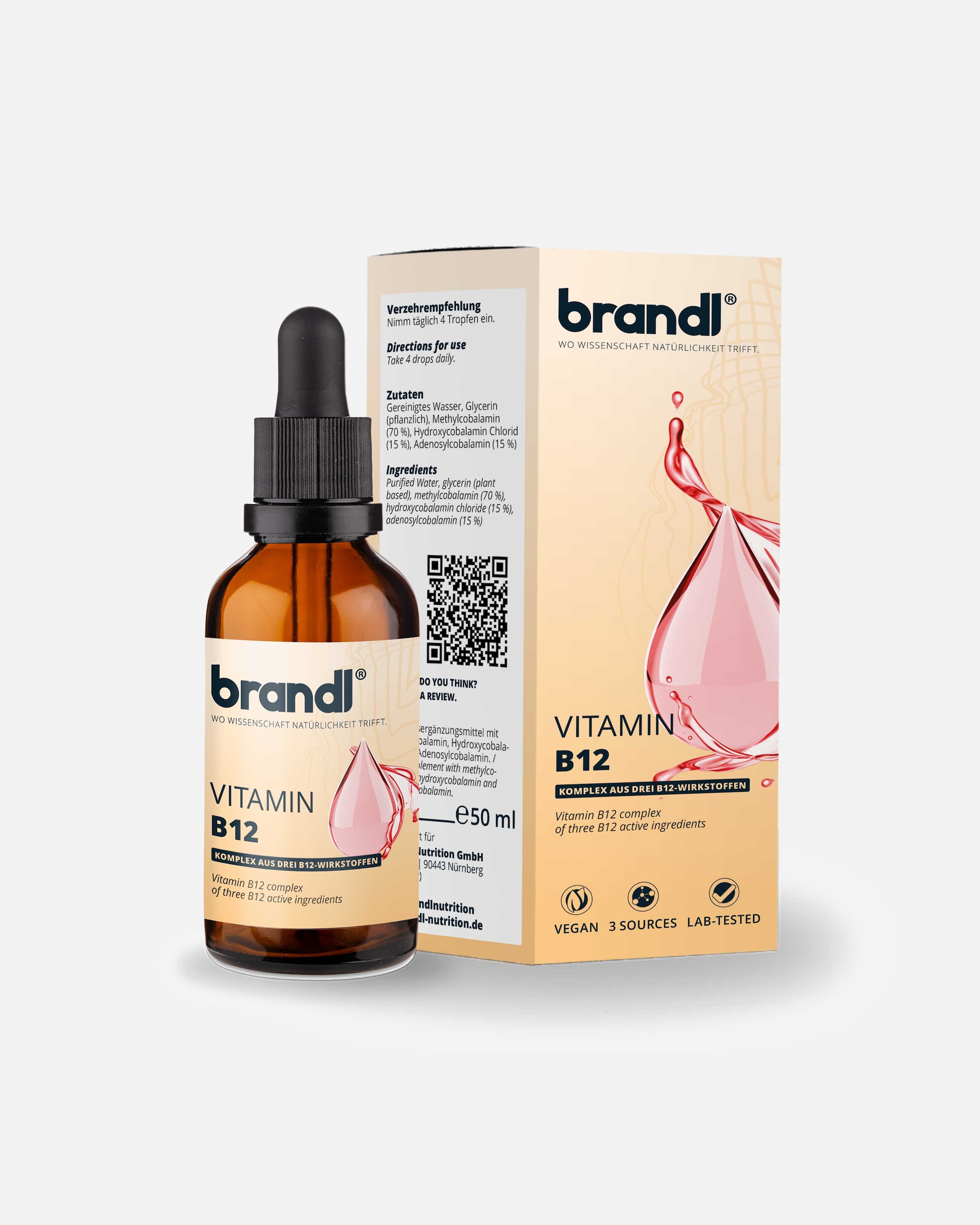 Vitamine für Unisex Brandl Nutrition B12 Vitamin Tropfen aus 3 Aktivformen 50 ml