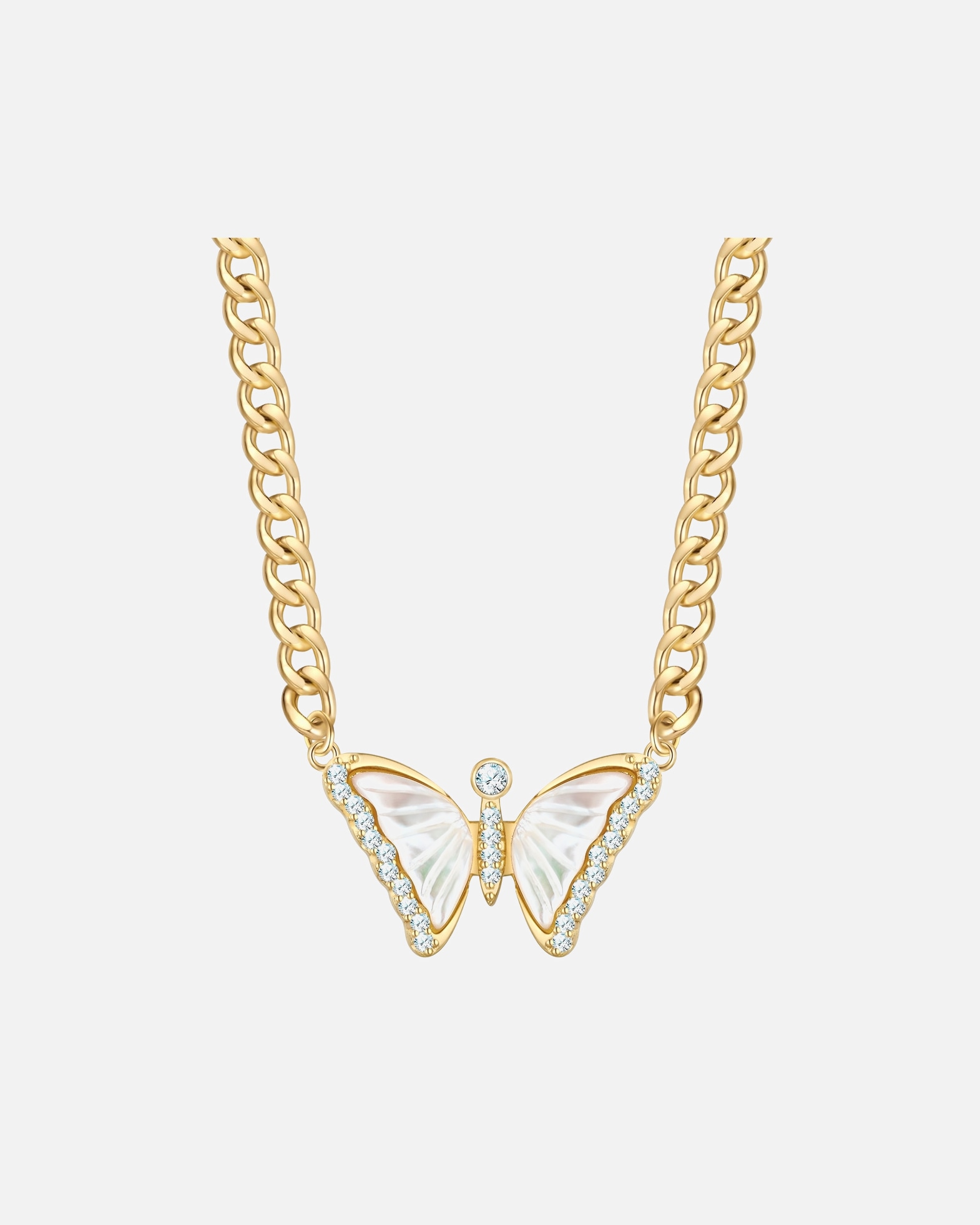 Halskette für Weiblich Yokoamii Halskette Schmetterling aus Messing in gelbgold mit Zirkonia Perlmutt 42,0 cm Basiskette + 5,0 cm Verlängerung