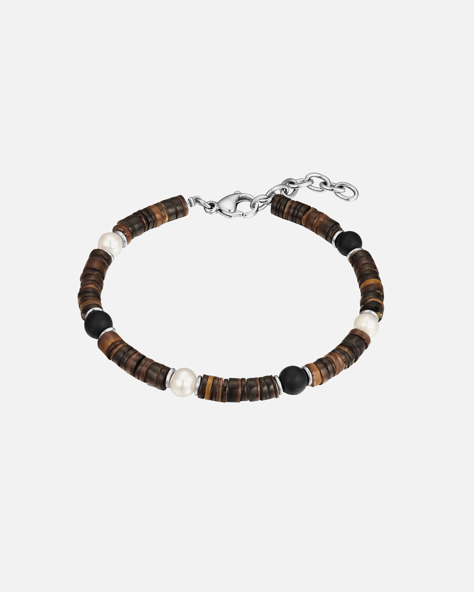 Armband für Männlich True Rebels Perlen-Armband aus Edelstahl in Silber mit Achat und Süßwasser-Zuchtperle/Muschelkernperle 19,0 cm Basislänge + 3,0 cm Verlängerung