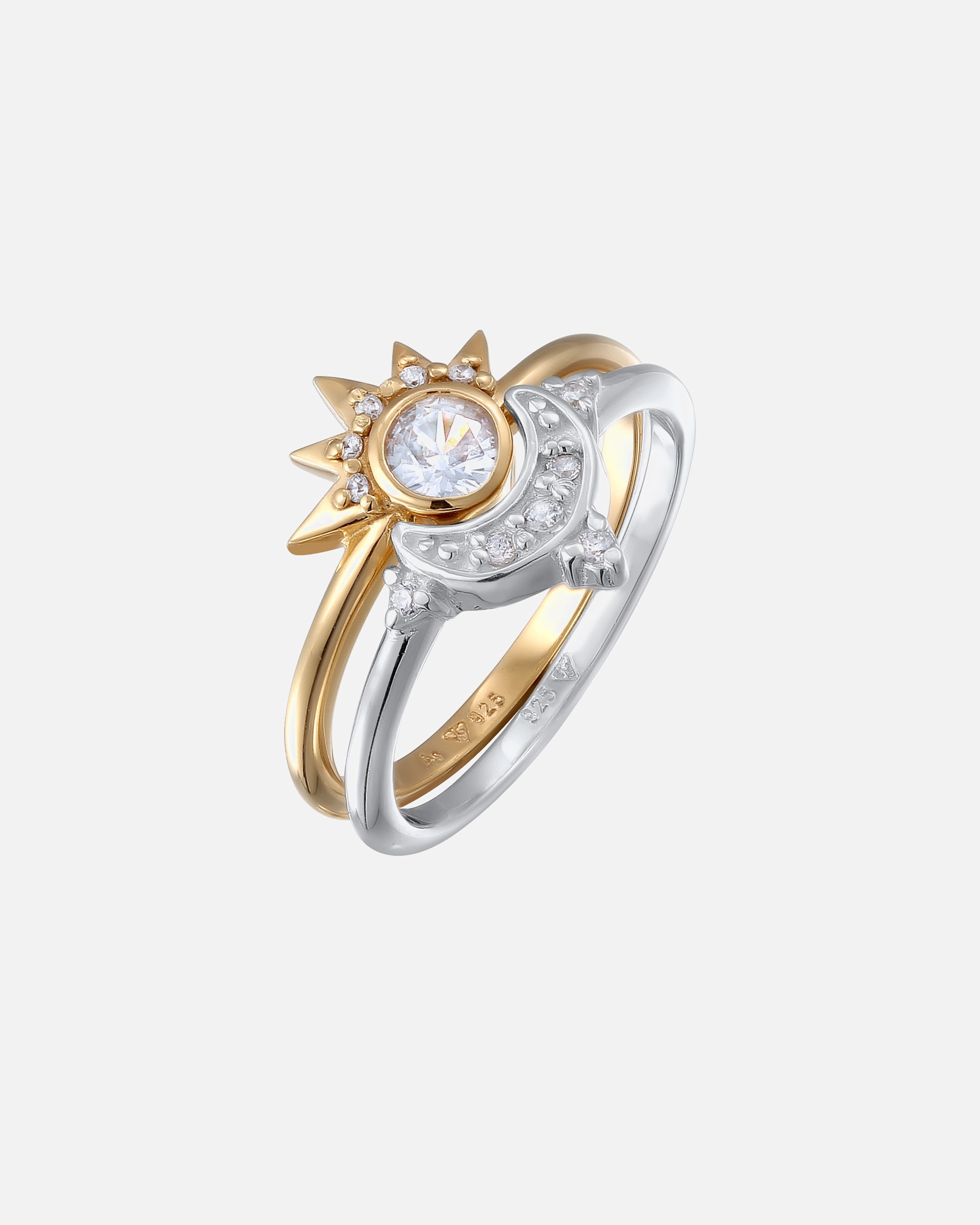 Ring für Weiblich Elli Set Mond Sonne Zirkonia 925 Sterling Silber vergoldet 1 Stück