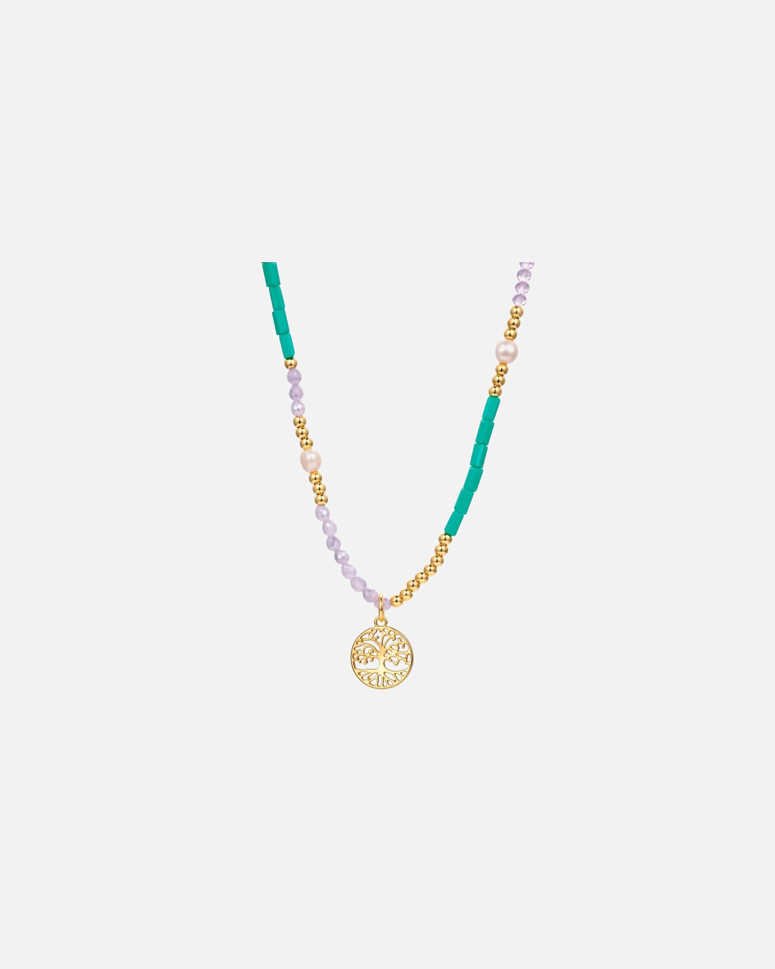 Halskette für Weiblich Lulu & Jane Halskette Lebensbaum aus Metall-Legierung in Gelbgold mit Glas und Süßwasser-Zuchtperle 81,0 cm Basiskette + 8,0 cm Verlängerung
