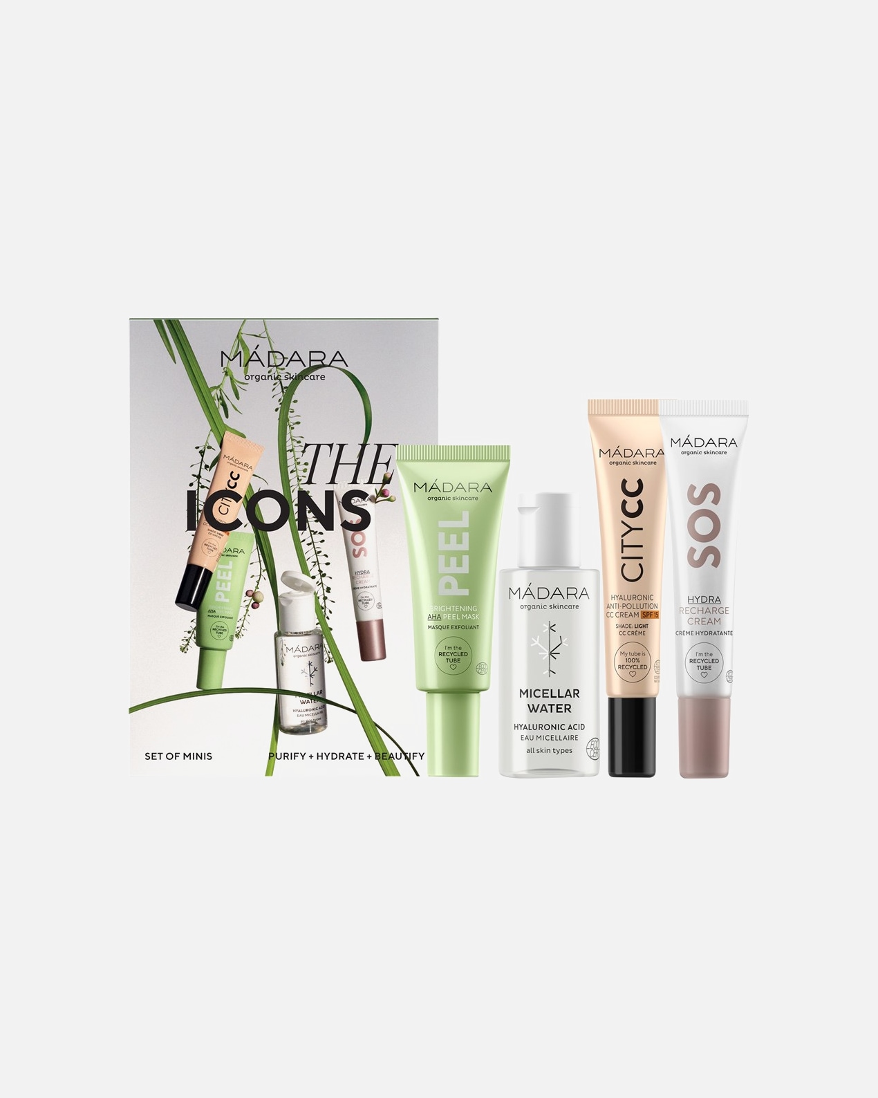 Mizellenwasser für Weiblich Madara Medium Geschenkset Mizellenwasser 50 ml + Aufhellende AHA Peeling Maske 17 ml + SOS Hydra Recharge Gesichtscreme 20 ml + City CC Hyaluronic Anti-Pollution CC Creme LSF 15 15 ml