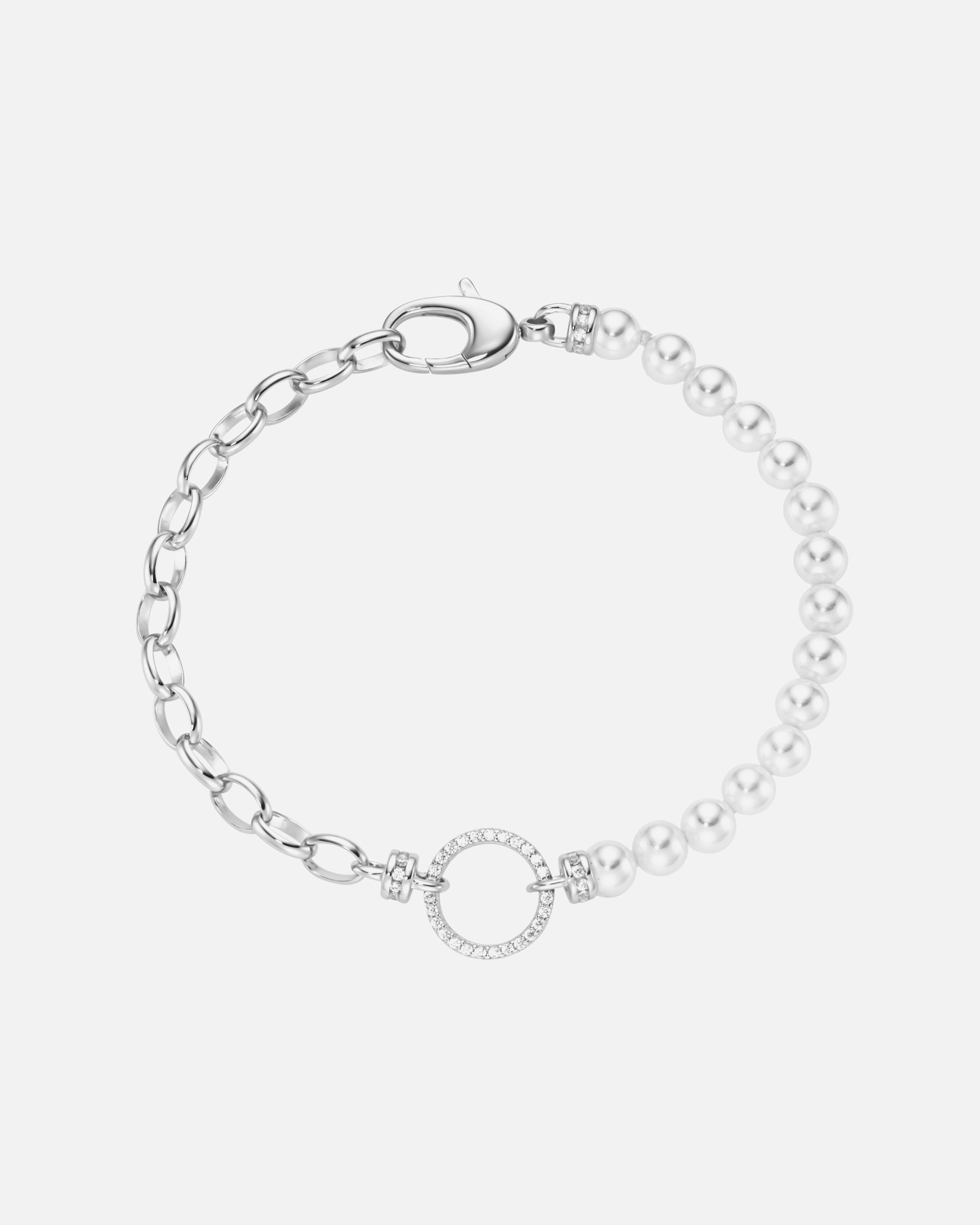 Armband für Weiblich Armband mit weißen Muschelkern-Perlen und Zirkonia, Silber 925 Silber
