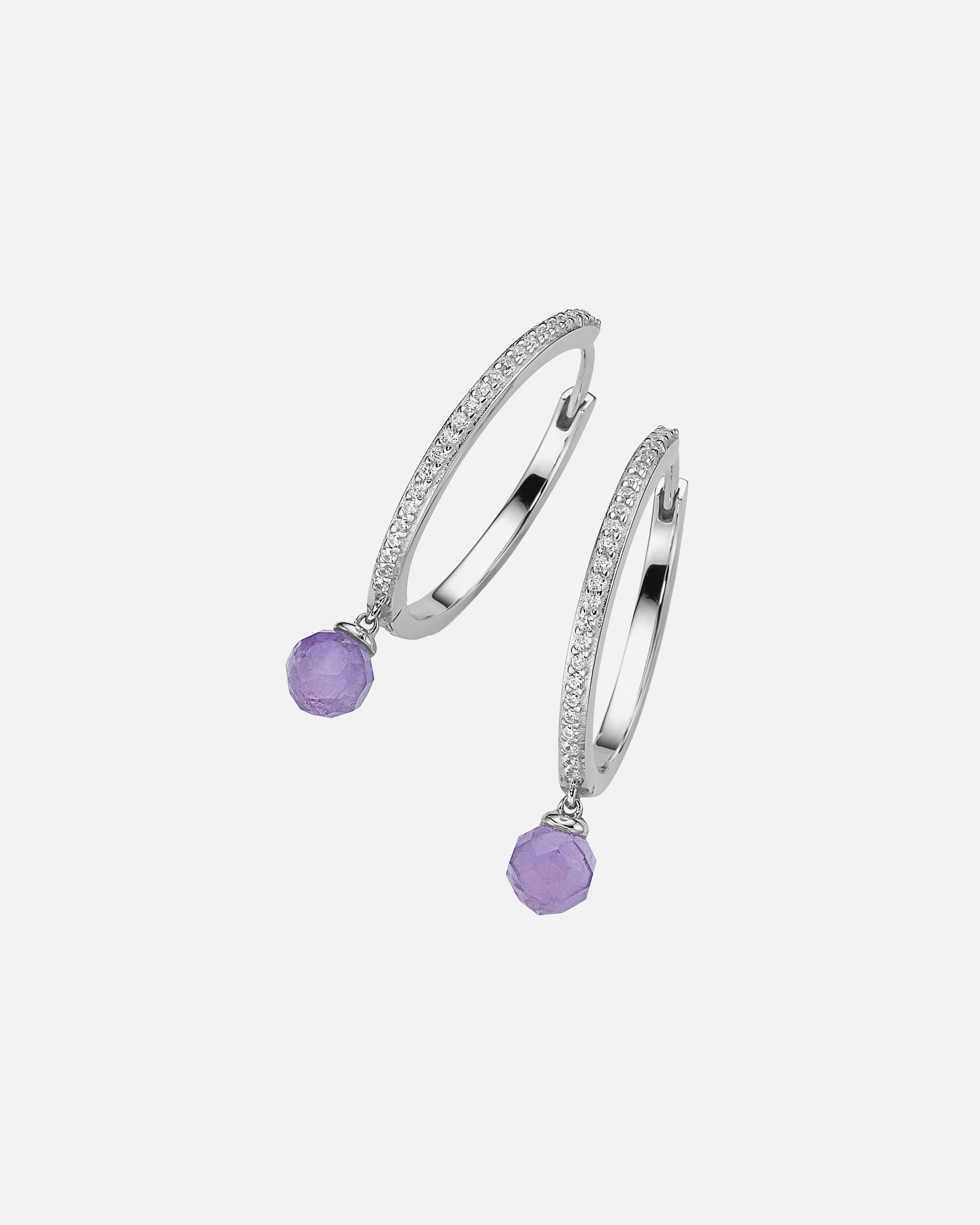 Ohrringe für Unisex Klappcreolen mit Amethyst-Kugeln und Zirkonia, Silber 925 2,5 cm