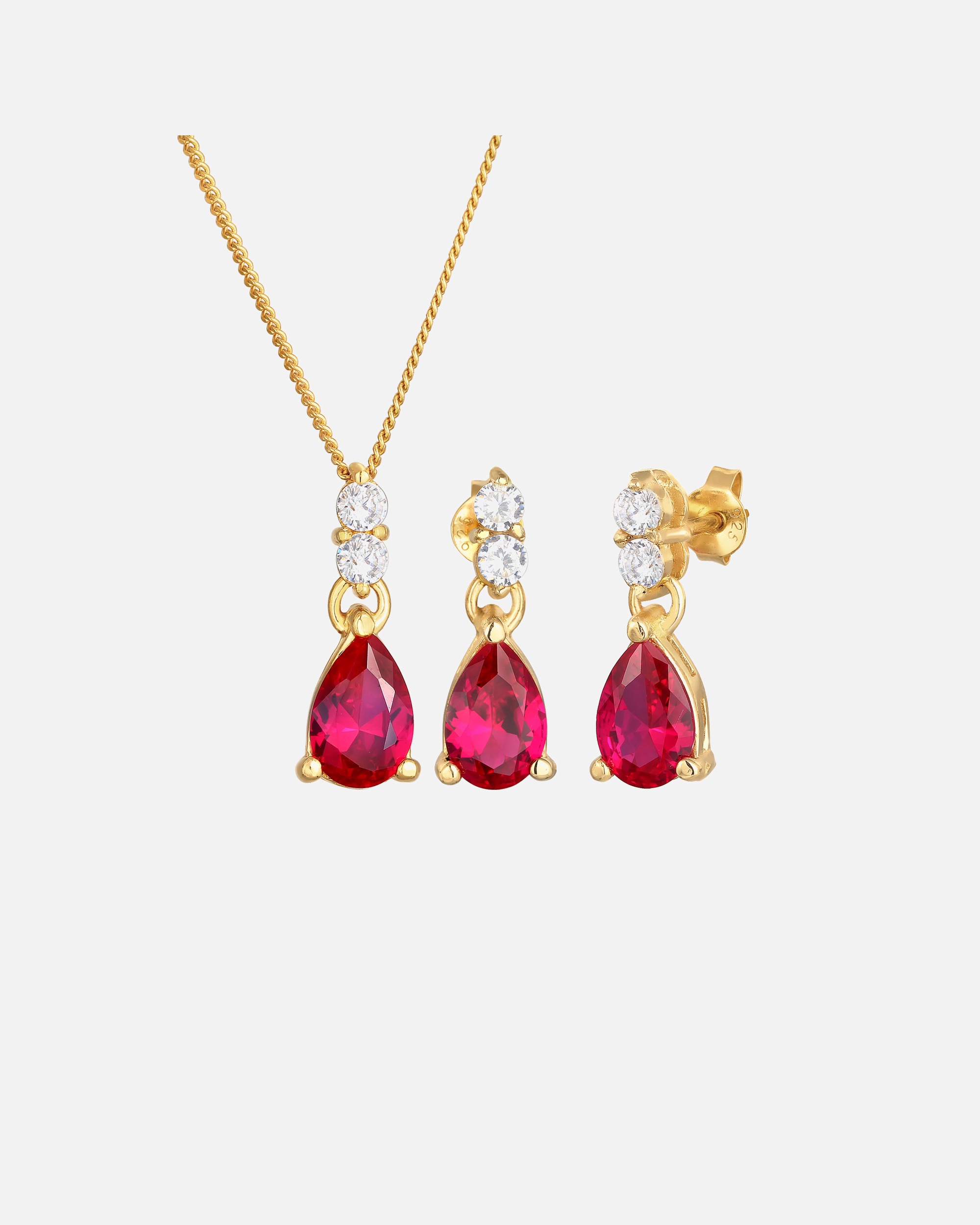 Schmuckset für Weiblich Elli PREMIUM Kette Ohrhänger Syn. Rubin Zirkonia 925 Silber vergoldet 1 Stück