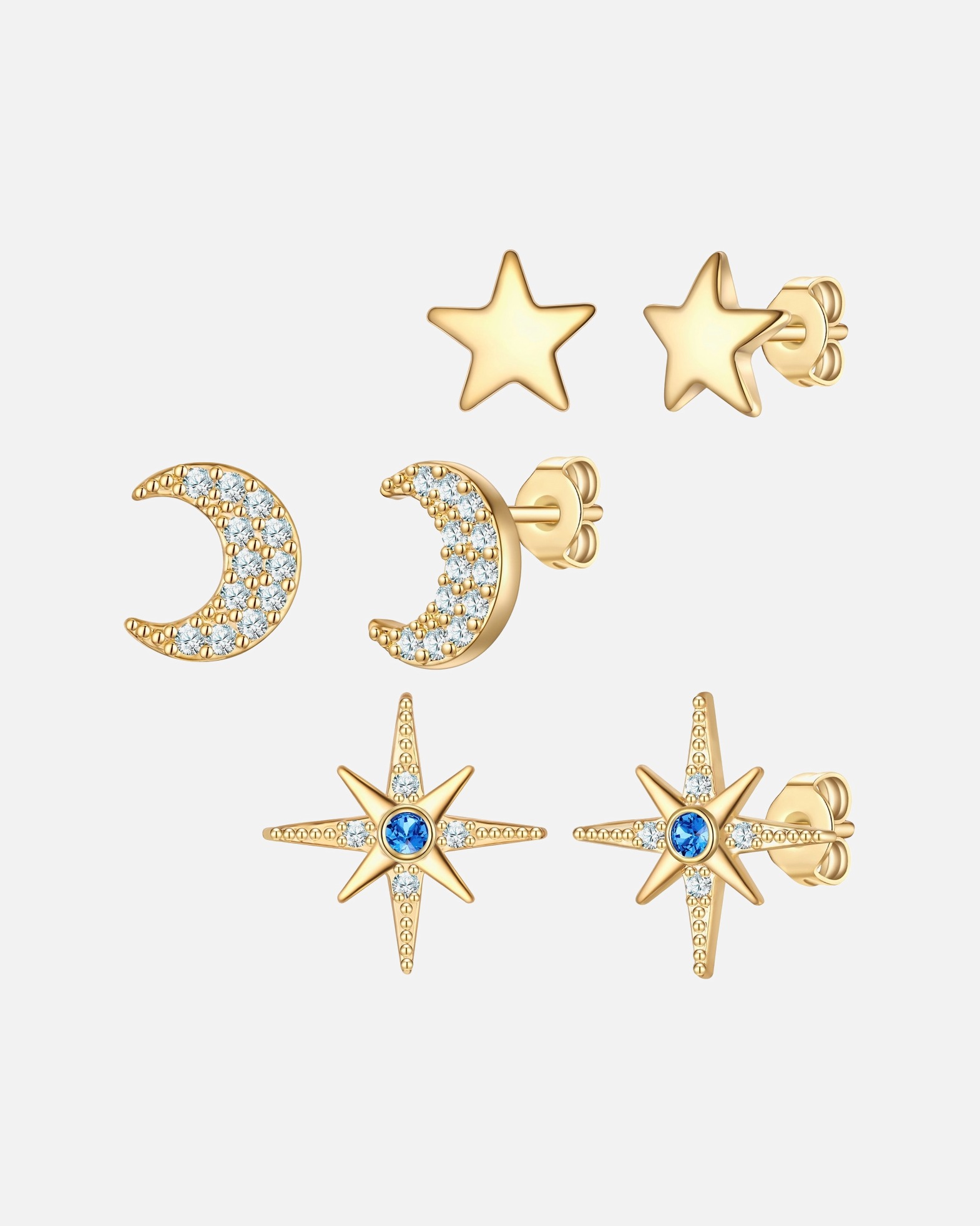 Ohrringe für Weiblich Ohrstecker Mond/Sterne aus Messing in gelbgold mit Zirkonia 11,8/6,7/5,1 mm
