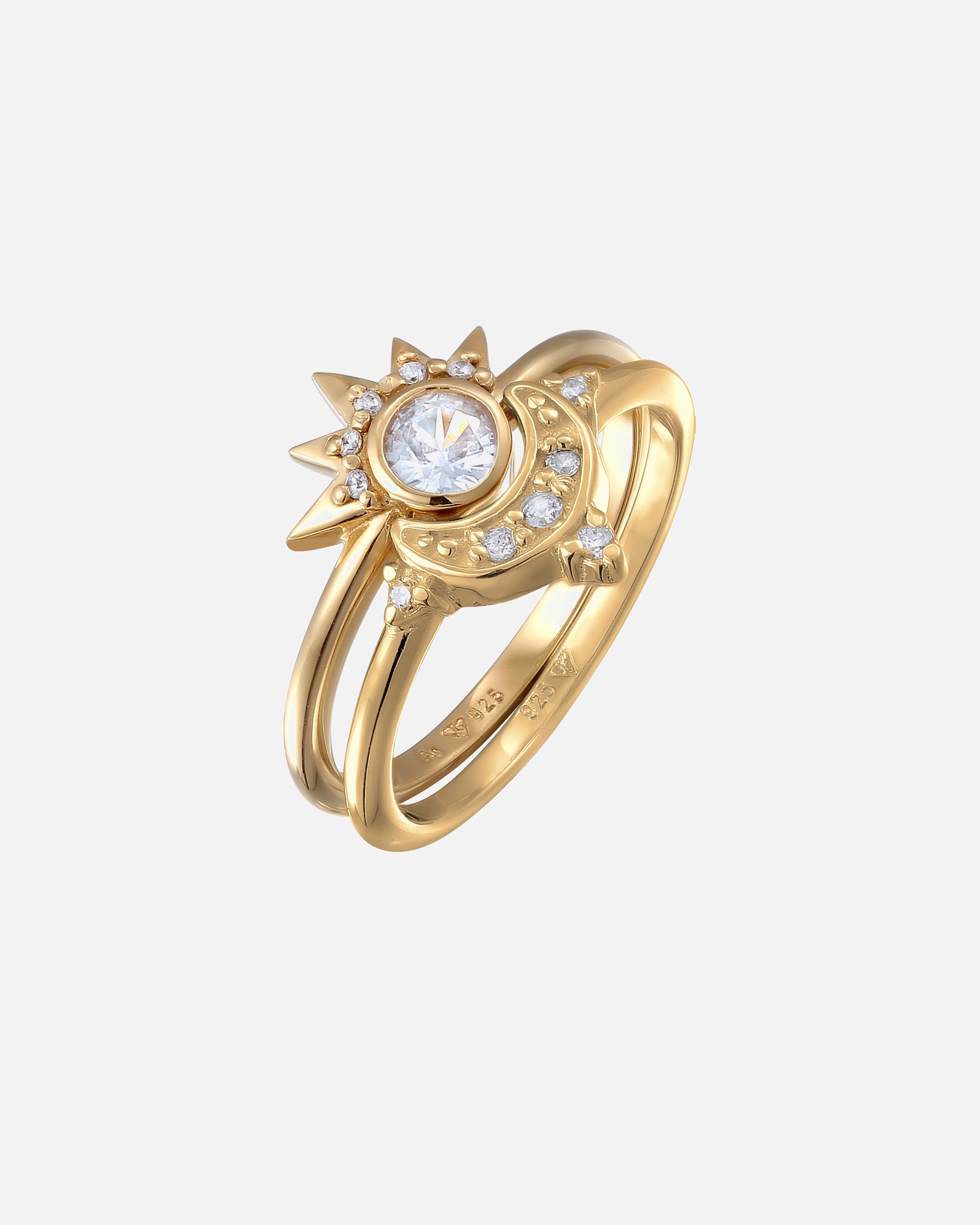 Ring für Weiblich Elli Set Mond Sonne Zirkonia 925 Sterling Silber vergoldet 56